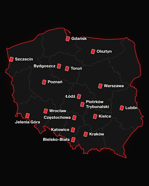 Mapa Polski z zaznaczonymi miastami demonstracji Czerwona Kartka za Aborcję 22 października