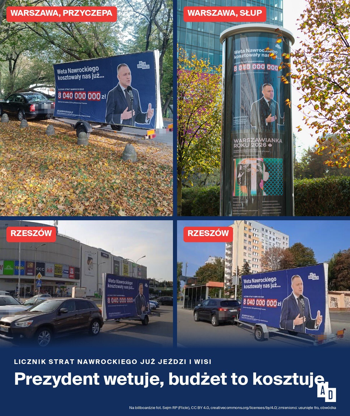 Przyczepy z licznikiem strat Nawrockiego w Warszawie i Rzeszowie oraz słup w centrum Warszawy, 4 i 5 października 2026